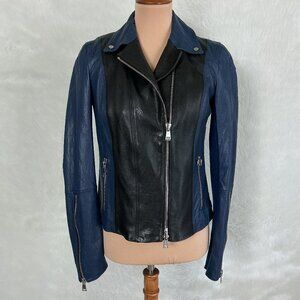 Vince Black Blue Colorblock Lamb Leather Moto Jacket NWOT M